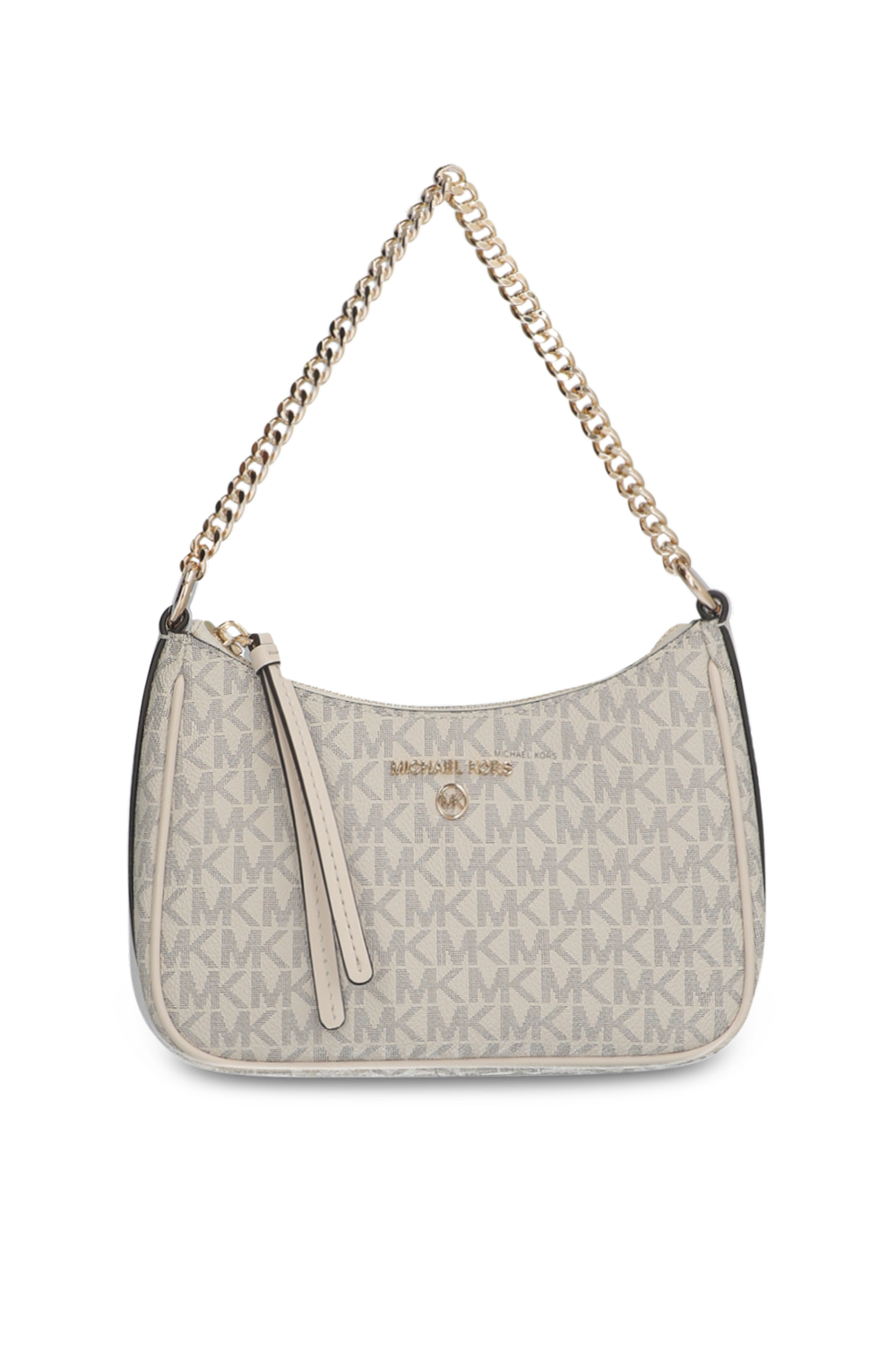 תמונה קידמית של תיק כתף מונוגרמי בגוון לבן עם רצועת שרשרת