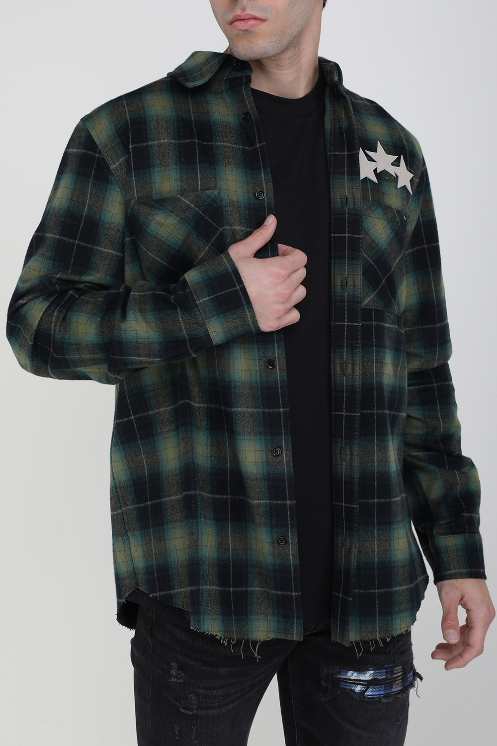 תמונת דוגמן קידמית של חולצת פלנל מכופתרת