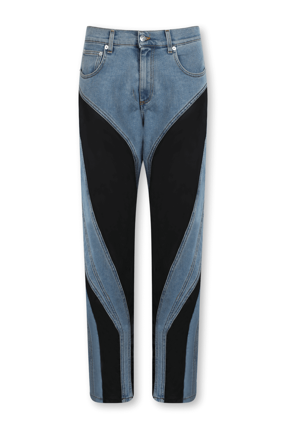 מכנסי ג'ינס ישרים תיפורים אלכסוניים בגווני אינדיגו ושחור MUGLER