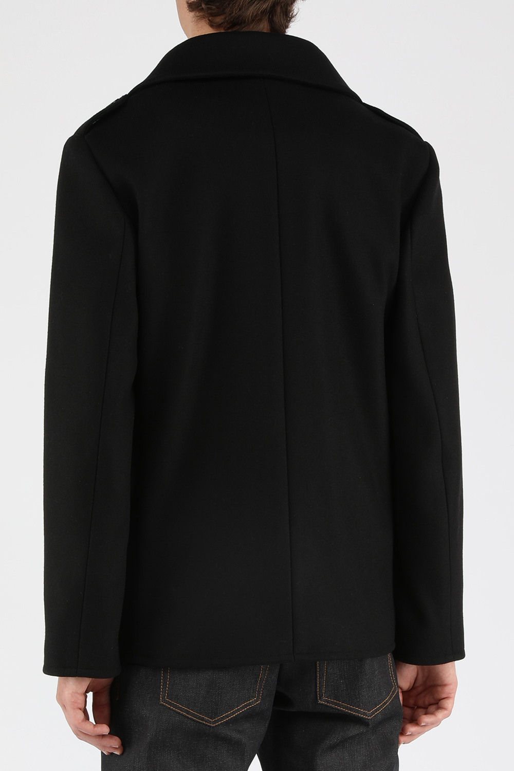 תמונת דוגמן אחורית של מעיל שישה כפתורים מצמר