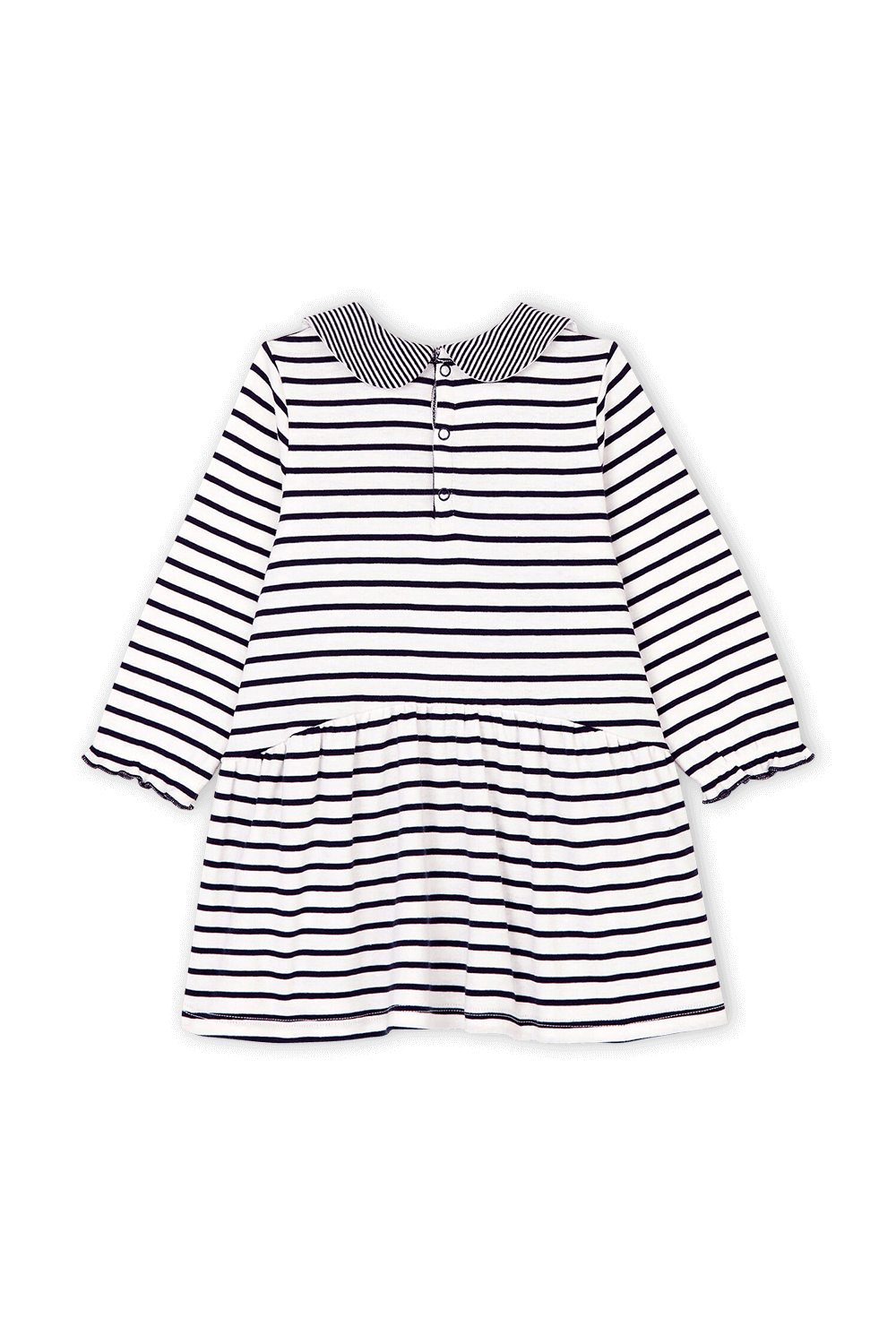 תמונה אחורית של גילאי 18-36 חודשים שמלת פסים כחולים על רקע לבן-מרשמלו עם צווארון פיטר פן