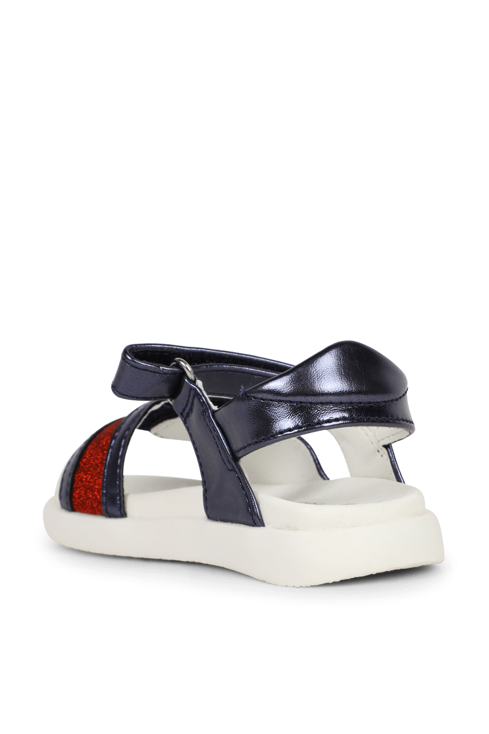 תמונה אחורית של מידות 20-23 סנדלים כחולים מטאליים עם רצועה מנצנצת