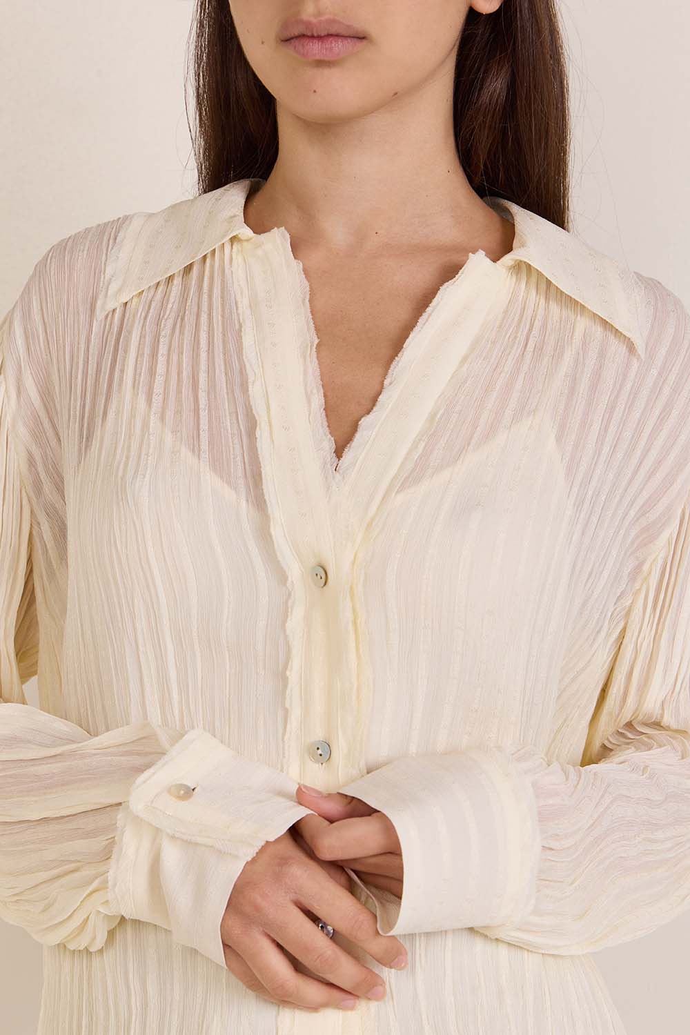 תמונת תקריב דוגמן של חולצה מכופתרת שקופה