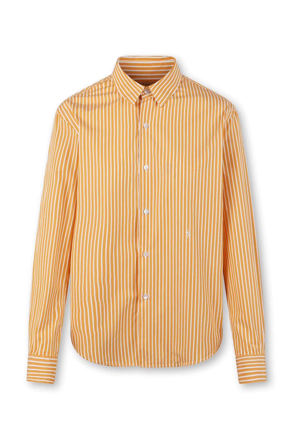 תמונה קידמית של חולצה מכופתרת עם הדפס פסים בגווני כתום ולבן