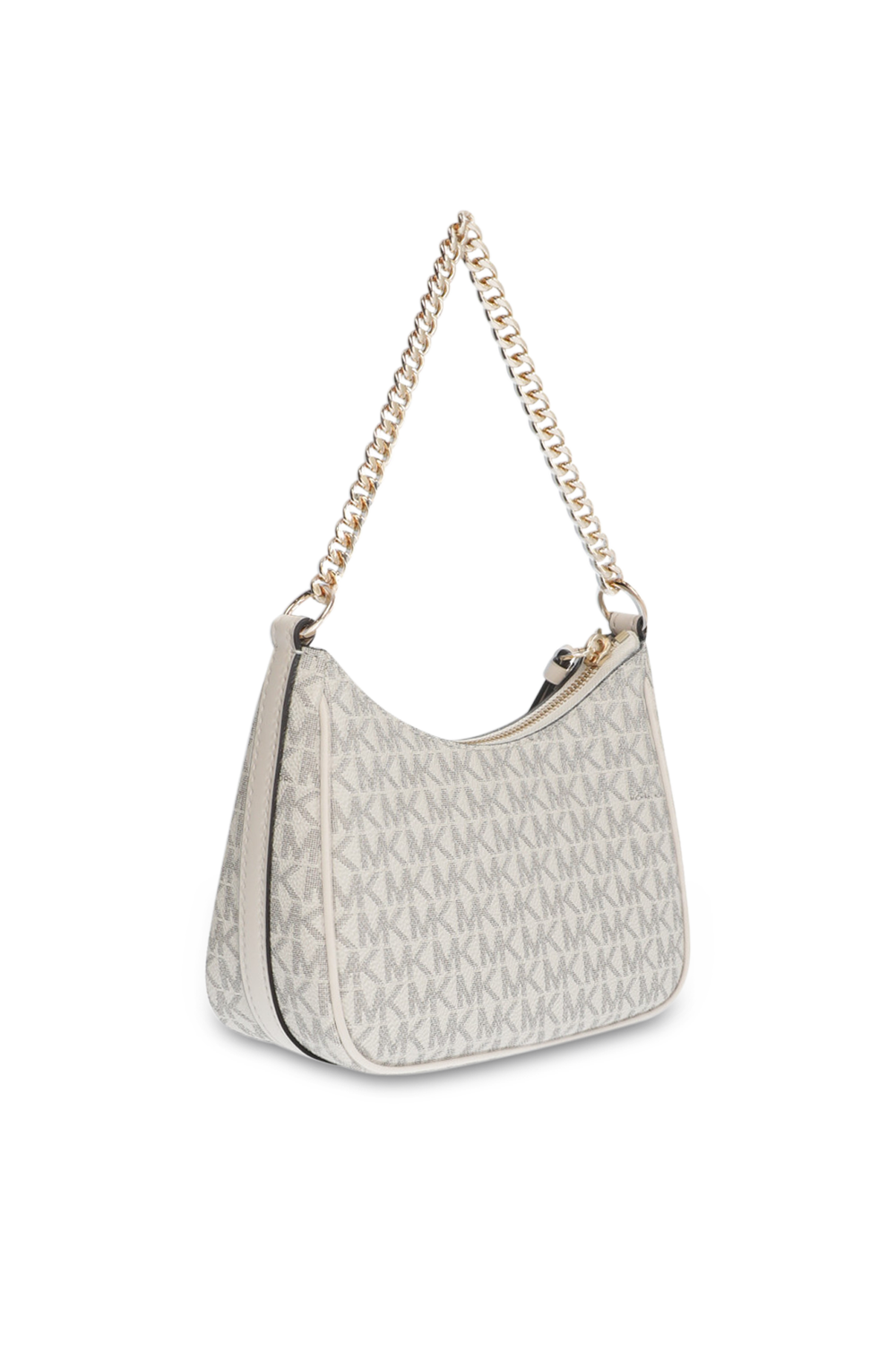 תמונה אחורית של תיק כתף מונוגרמי בגוון לבן עם רצועת שרשרת