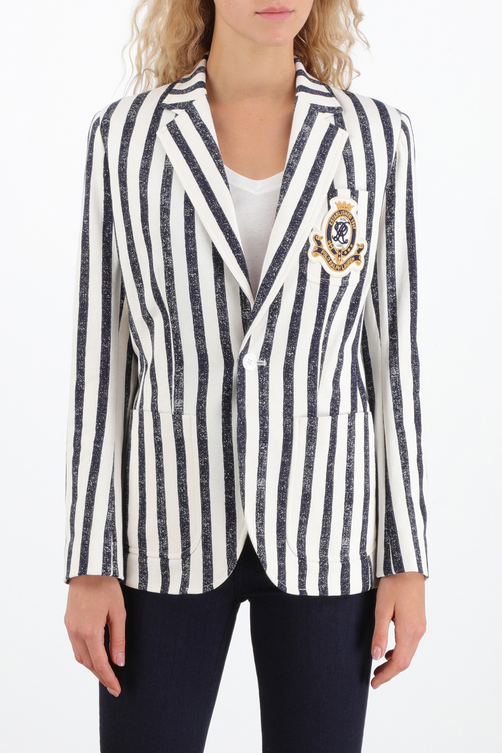 תמונת דוגמן קידמית של Striped Cotton Blazer In Dark Blue