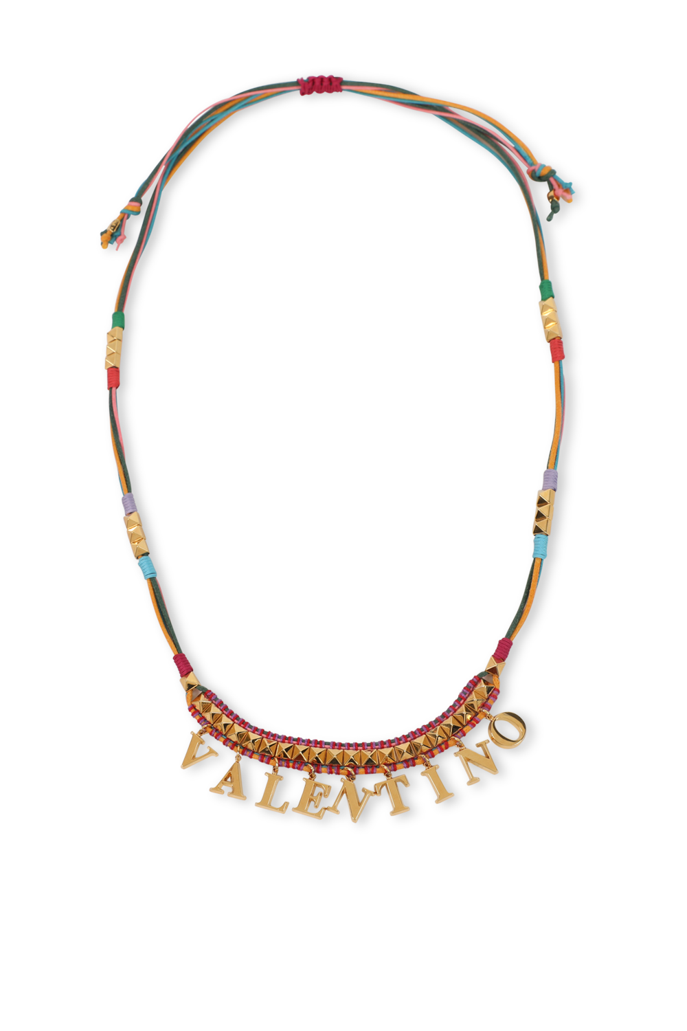 תמונה קידמית של שרשרת בד צבעונית עם לוגו מטאלי