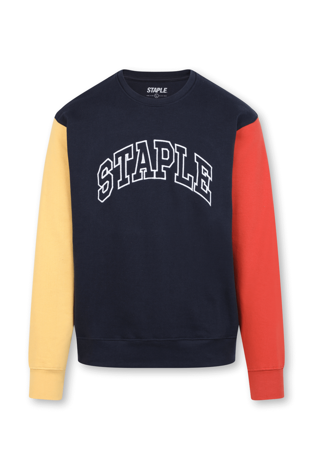תמונה קידמית של סווטשירט קולור בלוק בגווני כחול צהוב ואדום