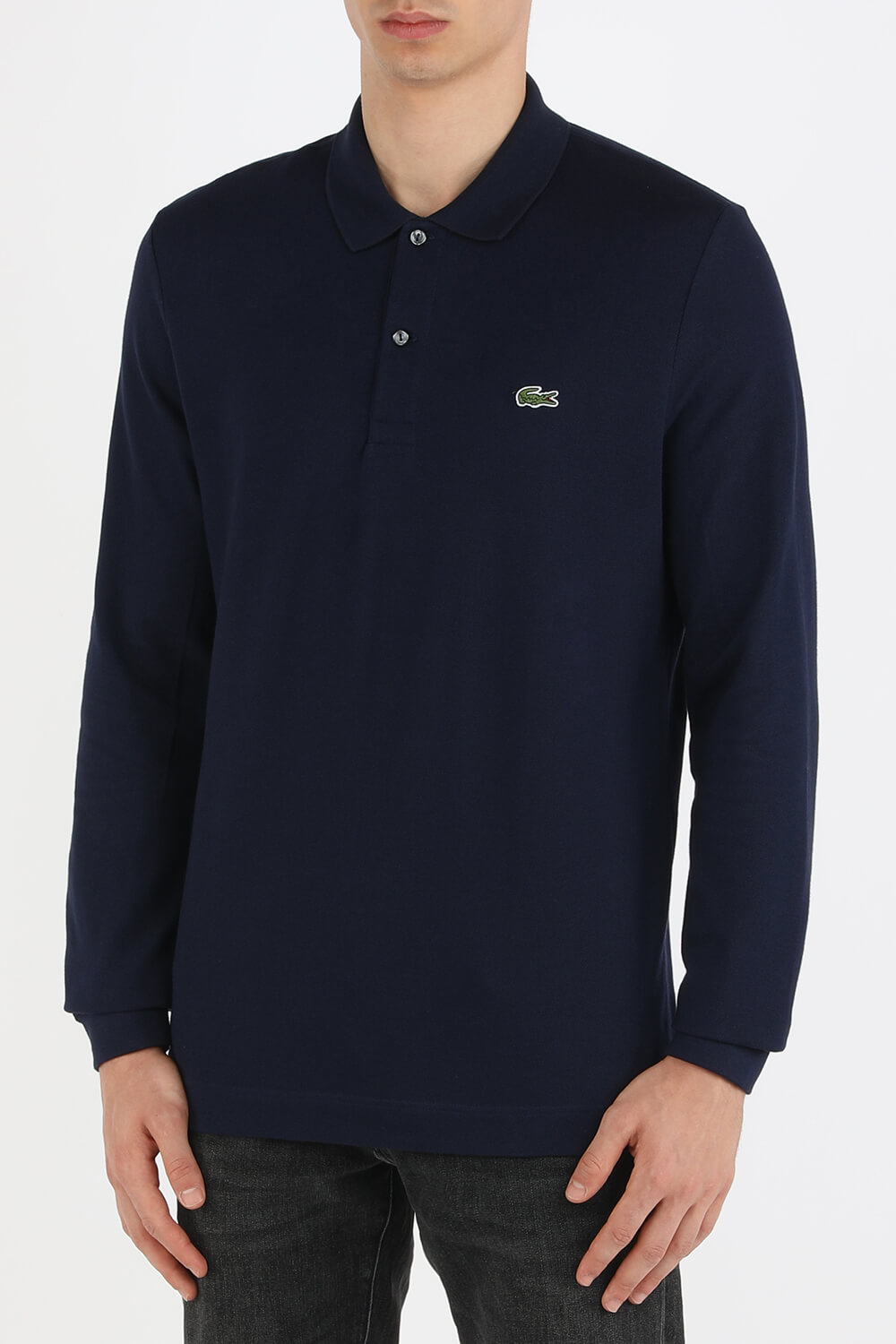 תמונת דוגמן קידמית של חולצת פולו ארוכה בגוון כחול נייבי מכותנה