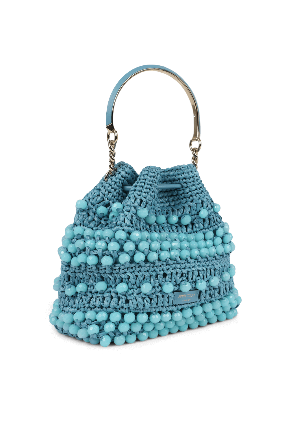 תמונה אחורית של תיק נשיאה סרוג עם חרוזים בגוון תכלת