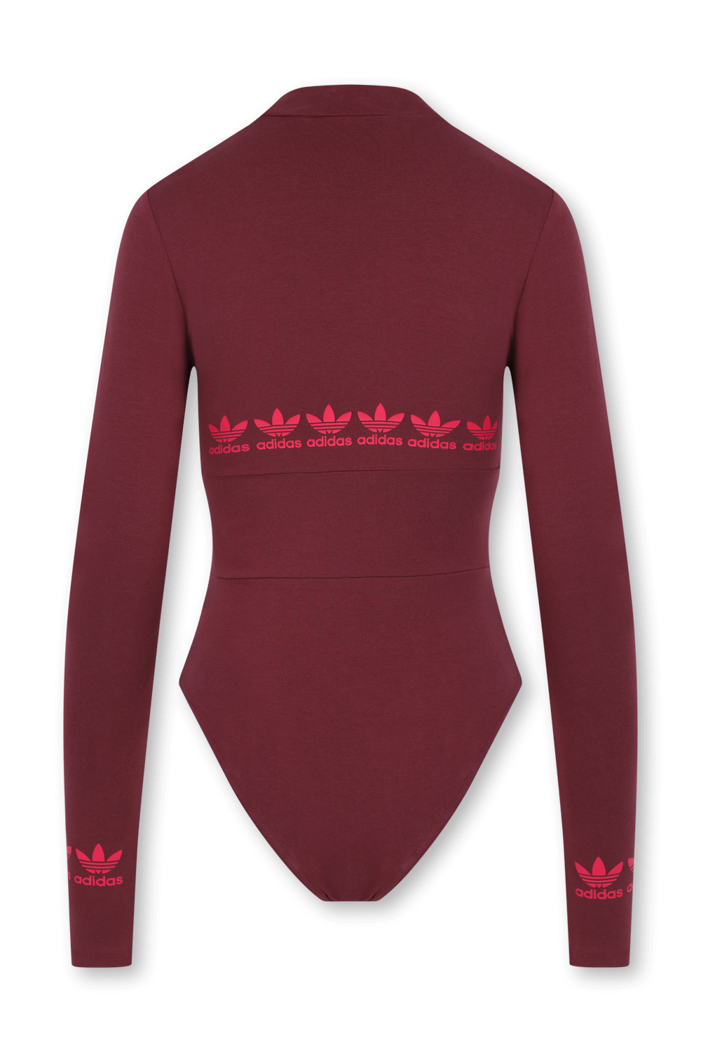 תמונה אחורית של בגד גוף ארוך ממותג בגווני ורוד ובורדו