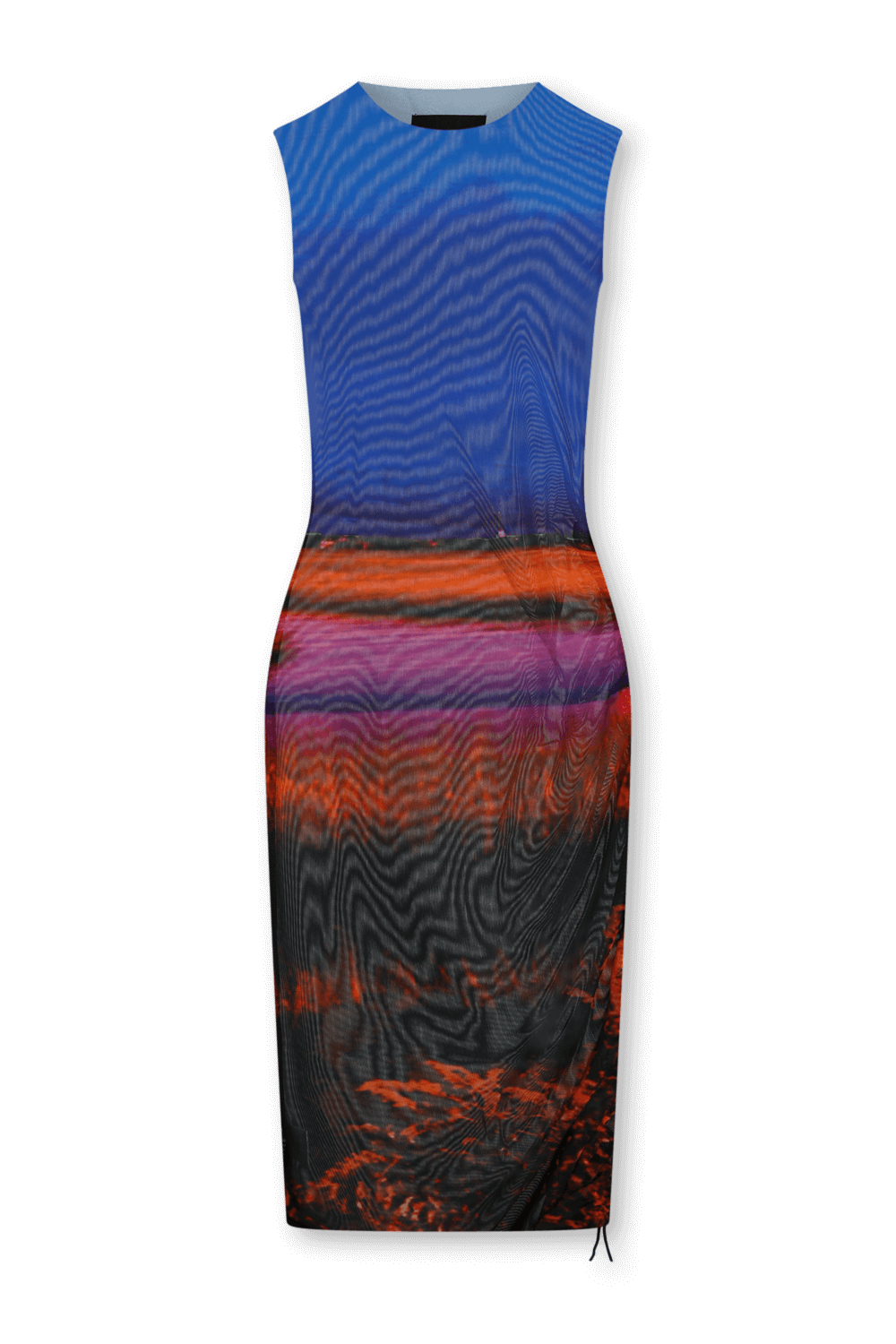 תמונה קידמית של שמלת רשת מיני א-סימטרית עם הדפס ססגוני