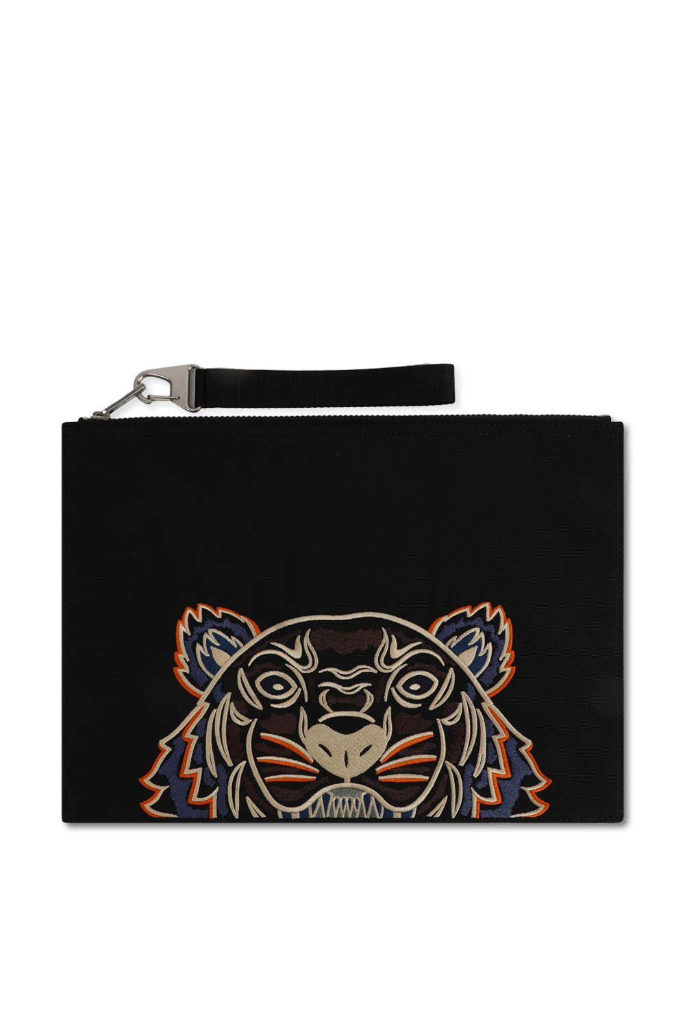 תמונה קידמית של תיק קלאץ' מרוכסן עם נמר רקום