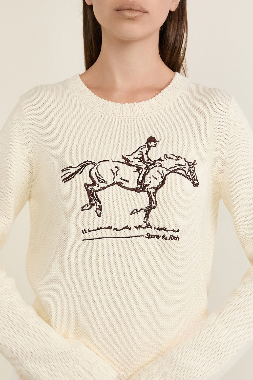 תמונת תקריב דוגמן של סריג עם רקמת סוס מרוצים