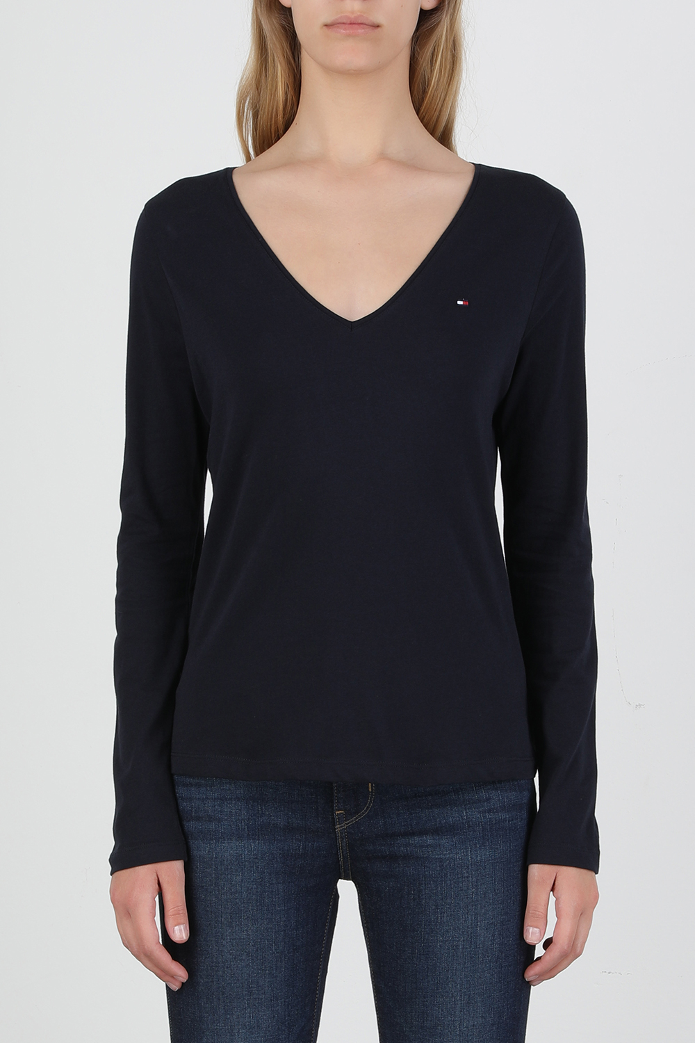 Long Sleeve V-Neck T-Shirt in Dark Blue image number null TOMMY HILFIGER