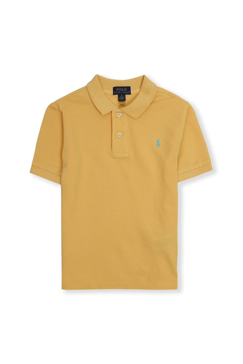 תמונה קידמית של גילאי 5-7 חולצת פולו צהובה עם רקמת לוגו