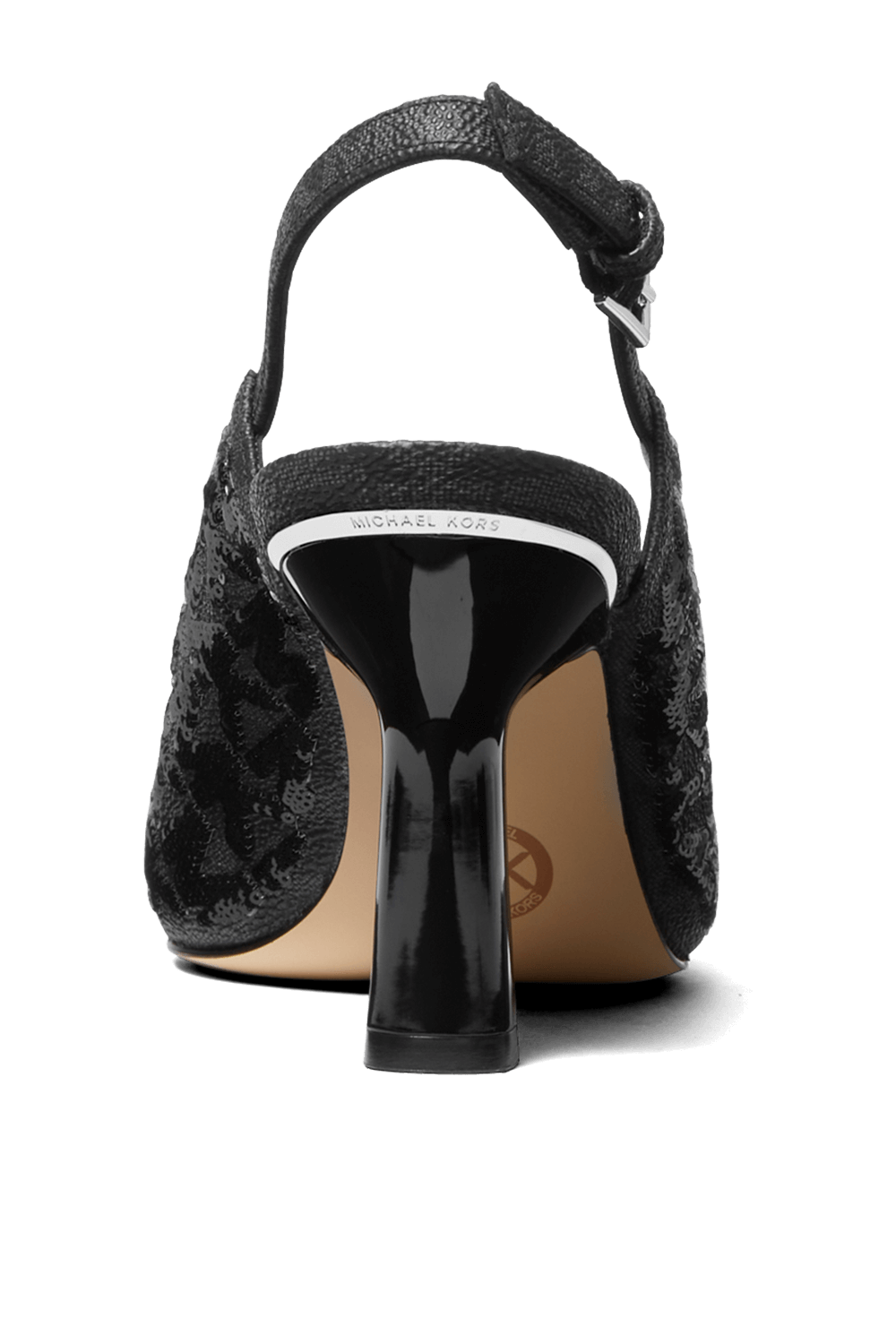 תמונה אחורית של נעלי עקב סלינ-בק במונוגרמת פאייטים שחורה