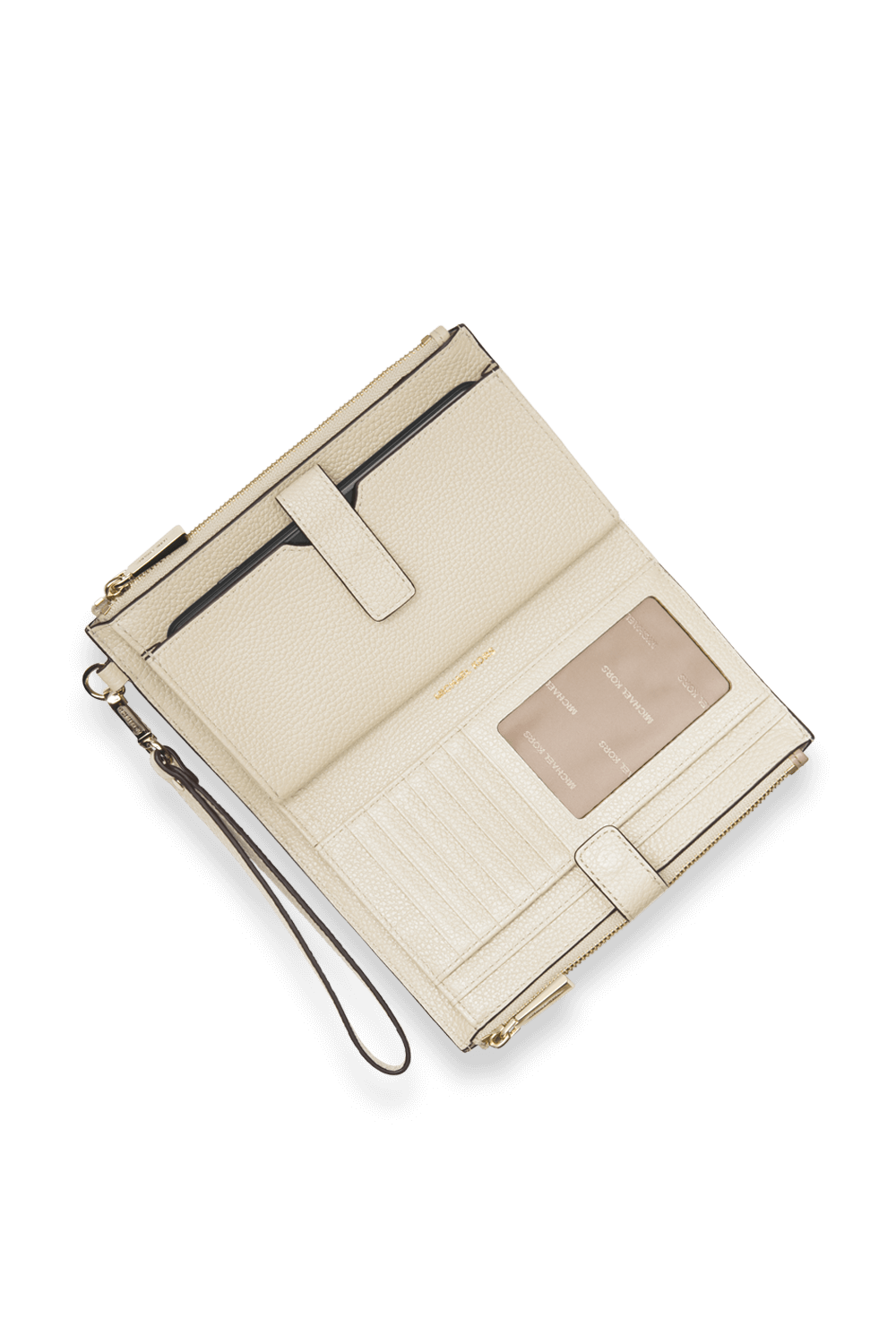 תמונת תקריב של ארנק מעור שמנת עם רצועת אחיזה