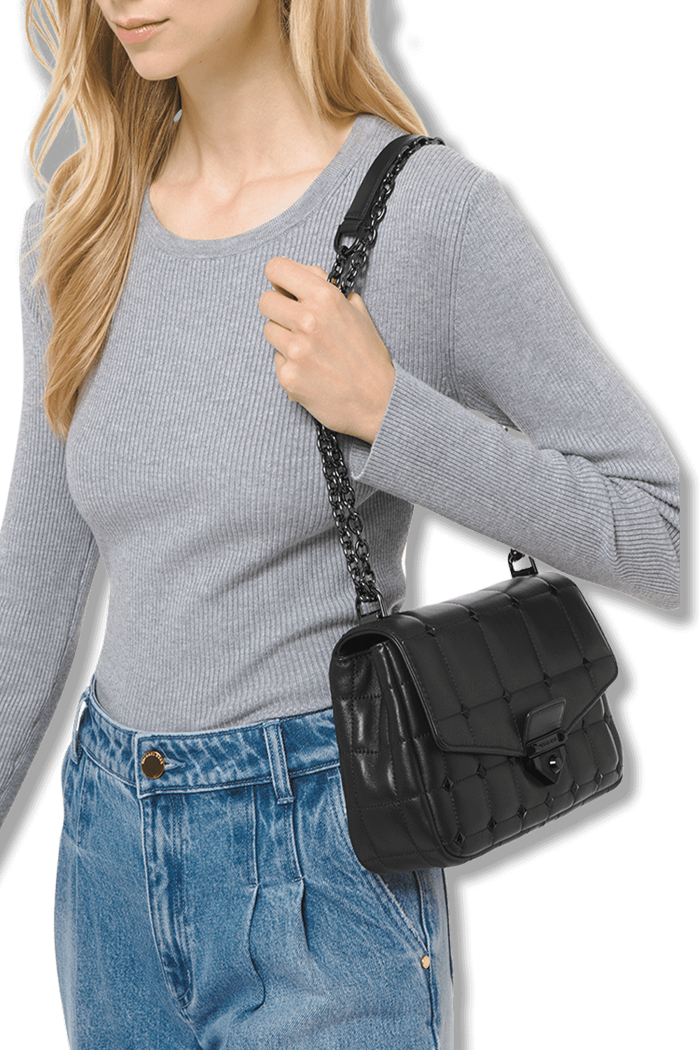 תמונת פנים של Soho Large Studded Quilted Leather Shoulder Bag In Black