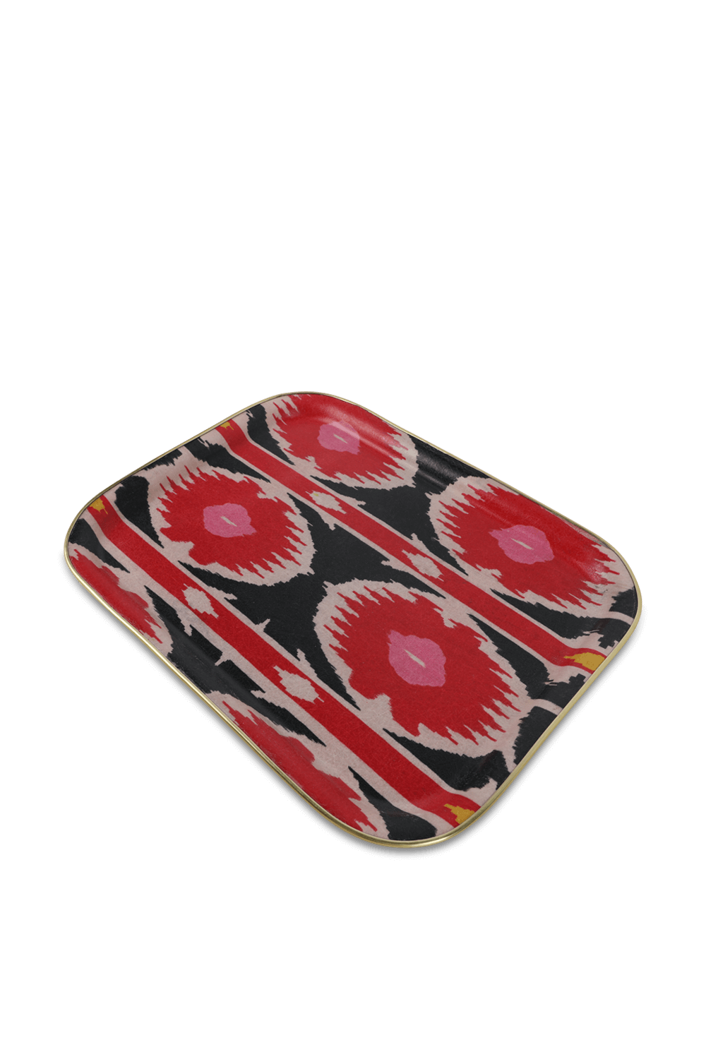 תמונת תקריב של מגש פייברגלאס עם הדפס גראפי בשחור ואדום