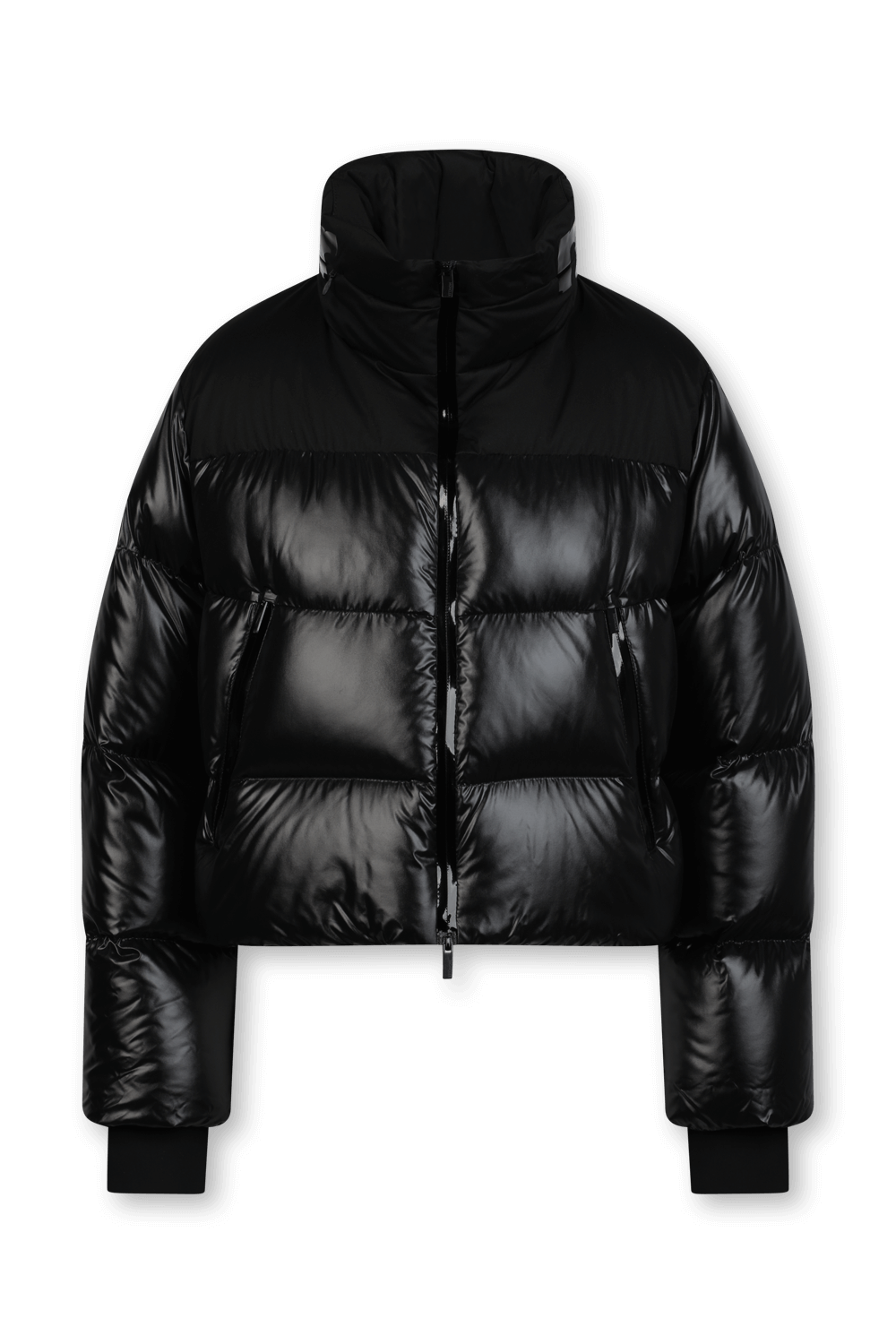 תמונה קידמית של מעיל פאפר עם קפוצ'ון בגוון שחור מבריק