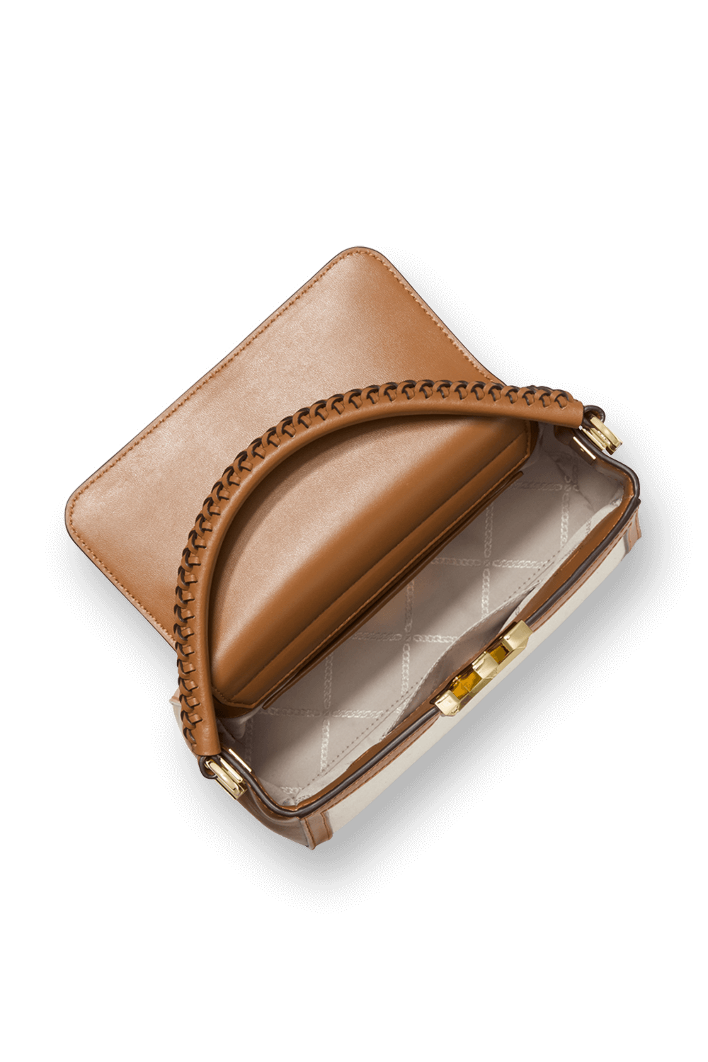 תמונה אחורית של תיק קרוס קרלי בגווני בז' וחום עם לוגו מטאלי