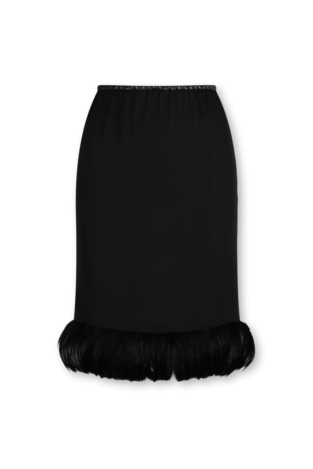 תמונה קידמית של חצאית מידי שחורה בגימור נוצות