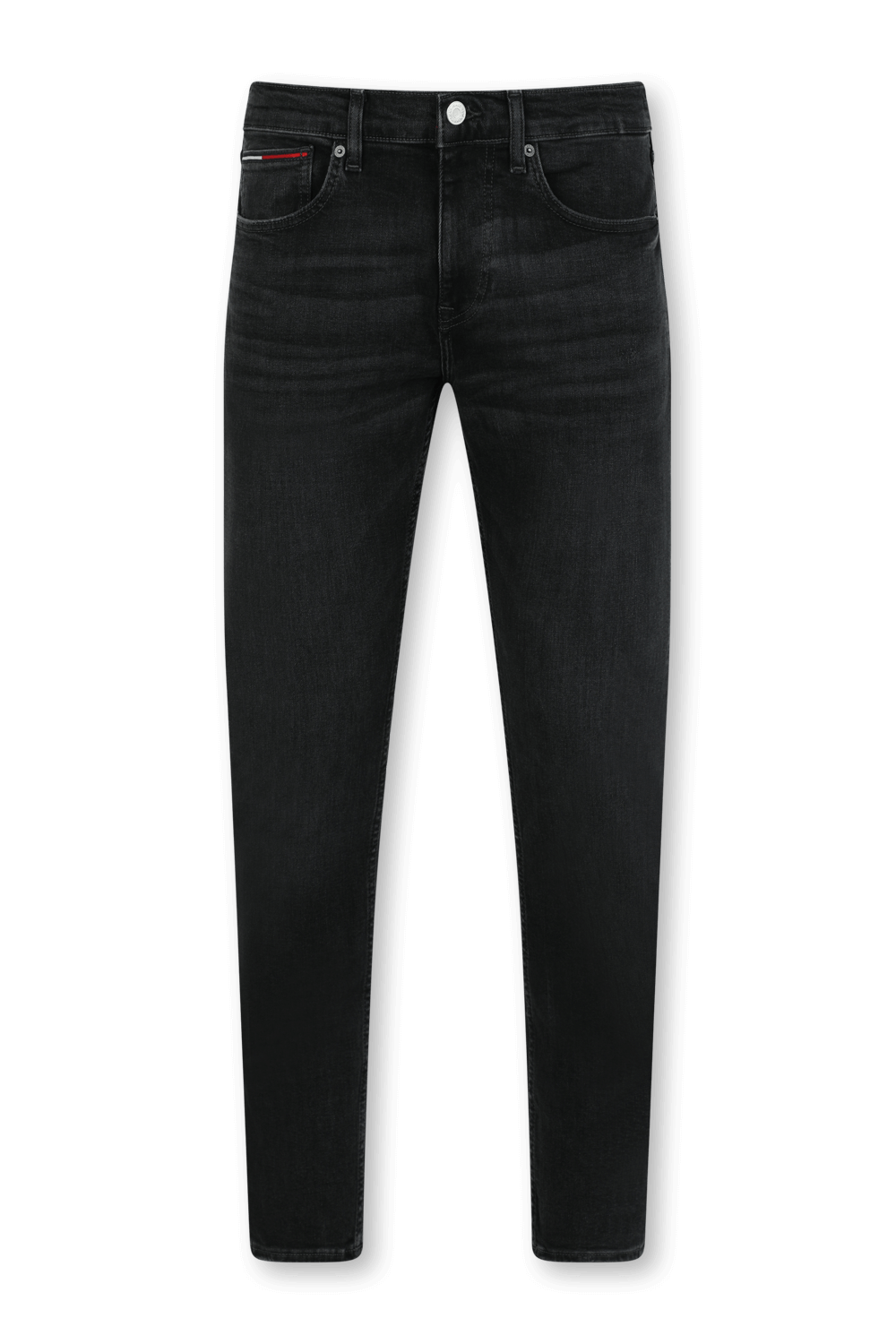 תמונה קידמית של מכנסי סקיני ג'ינס בשטיפה כהה עם שפשופים