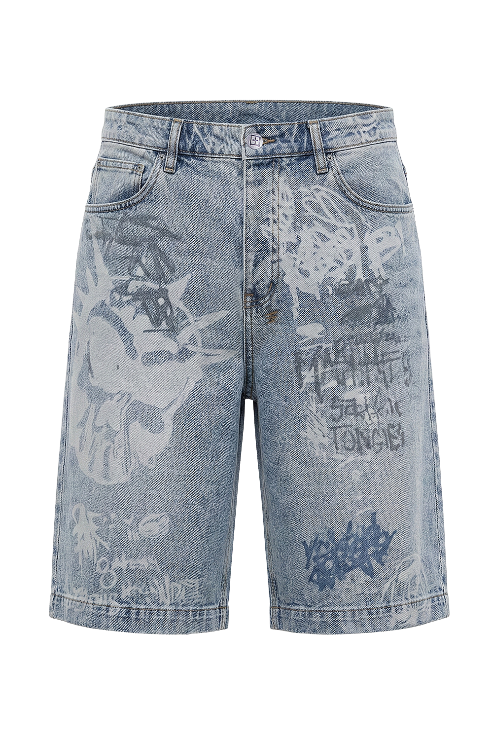 תמונה קידמית של מכנסי ג'ינס קצרים אוברסייז