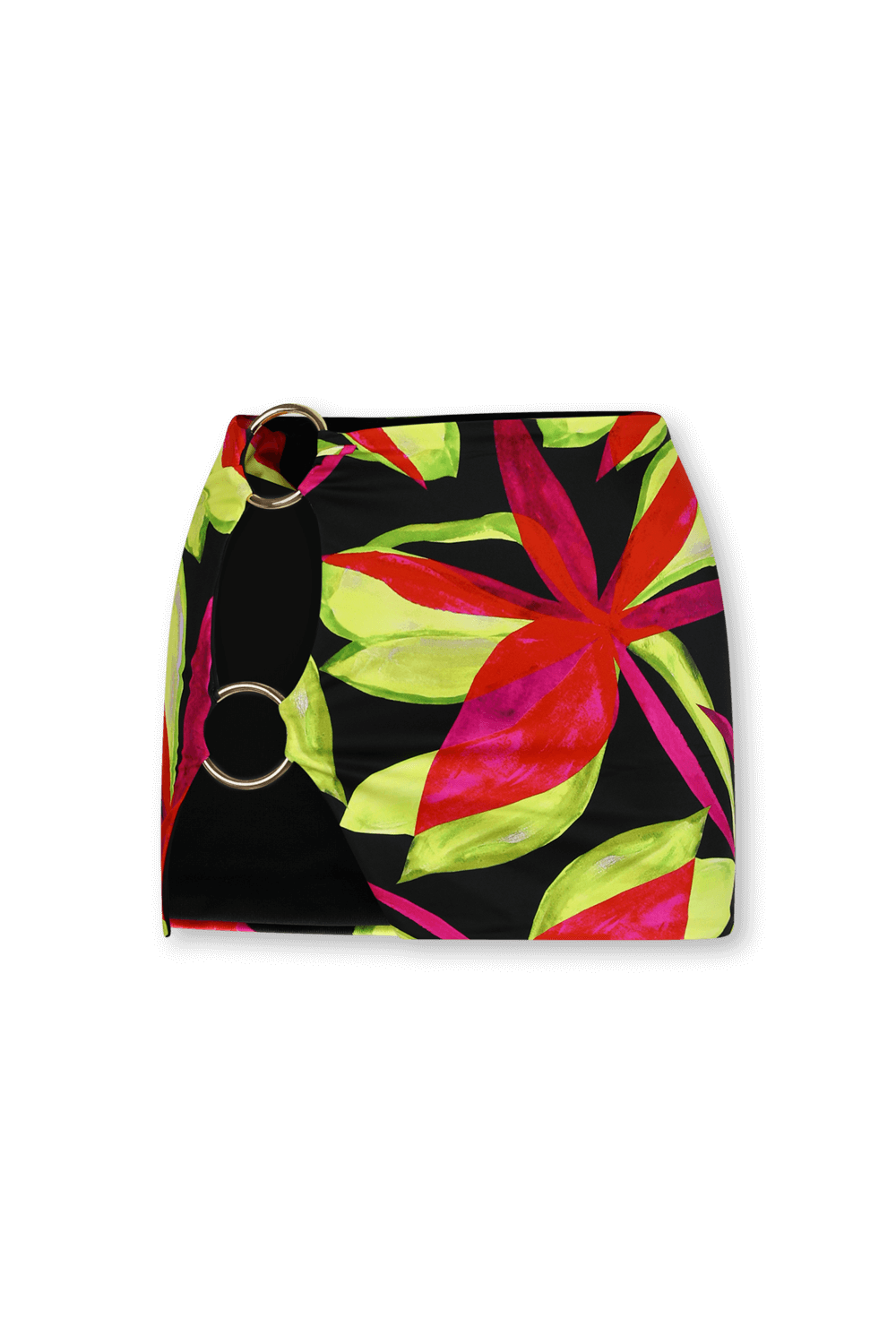 תמונה קידמית של חצאית מיני מבד לייקרה עם טבעת כפולה בהדפס פרחוני