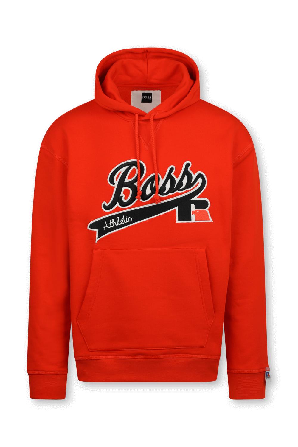 תמונה קידמית של בוס X ראסל אתלטיק סווטשירט ממותג עם קפוצ'ון בגוון אדום