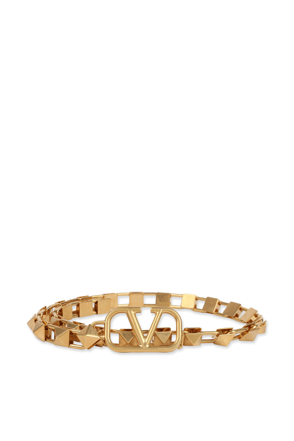 תמונה קידמית של חגורת שרשרת מטאלית עם לוגו וי