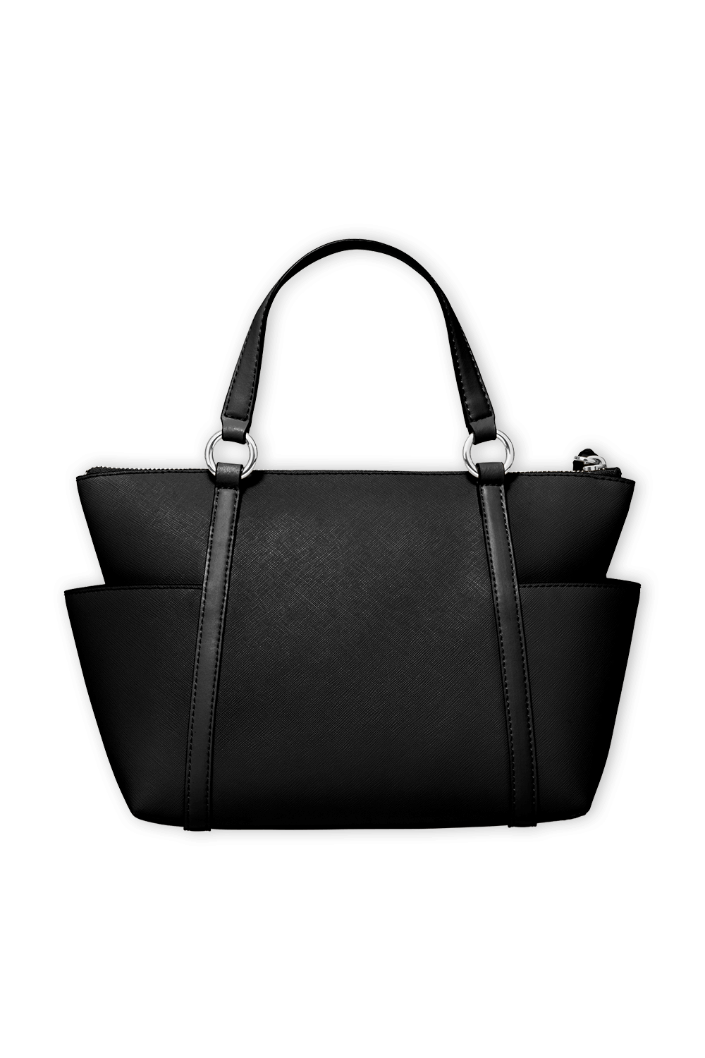 תמונה אחורית של תיק נשיאה נומד שחור מעור עם אלמנטים כסופים