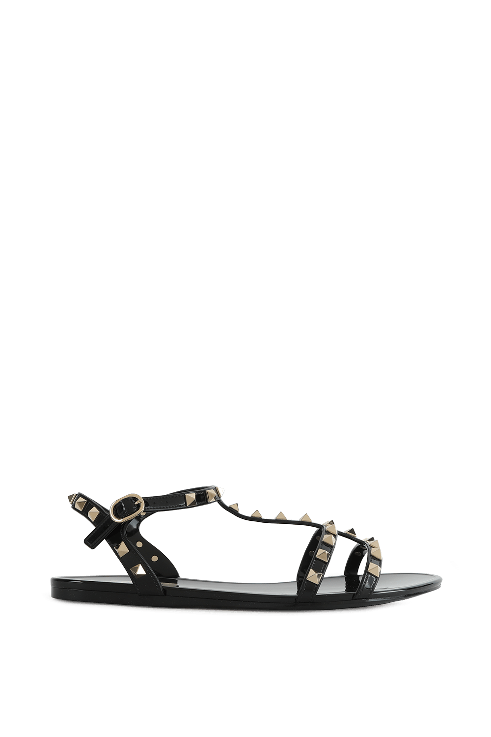 תמונה קידמית של סנדלי גומי שחורים עם רצועות ניטים