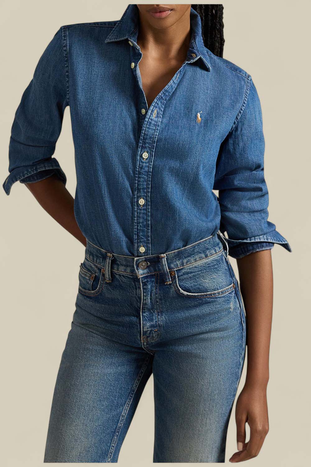 תמונת דוגמן קידמית של חולצת כפתורים ג'ינס סלים פיט