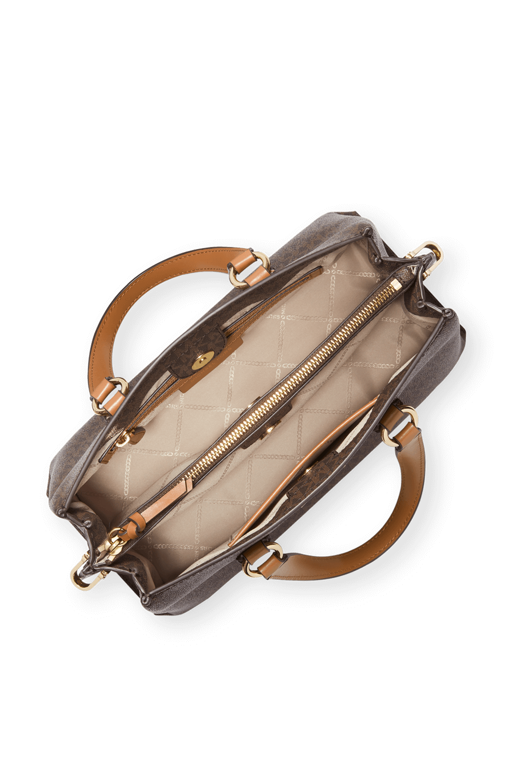 תמונה אחורית של תיק נשיאה אמה חום עם הדפס מונוגרמי