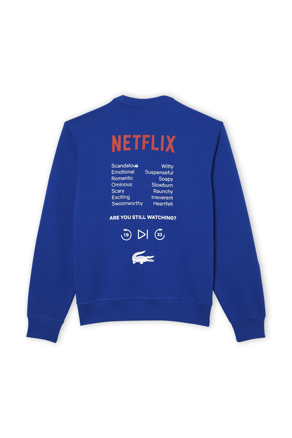 תמונה אחורית של לקוסט X נטפליקס סווטשירט עם הדפס בגב