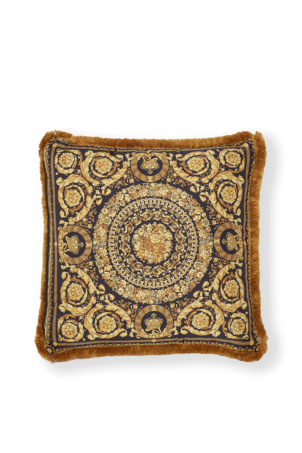 תמונה אחורית של כרית לבנה עם פרנזים והדפס בארוק זהוב