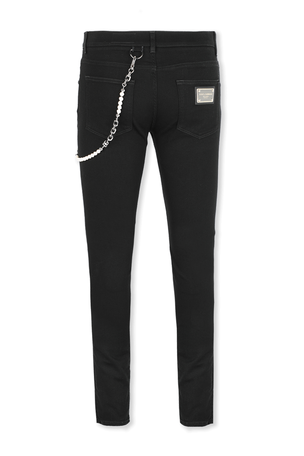 תמונה אחורית של מכנסיים בגזרת סקיני עם שרשרת כסופה בגוון שחור