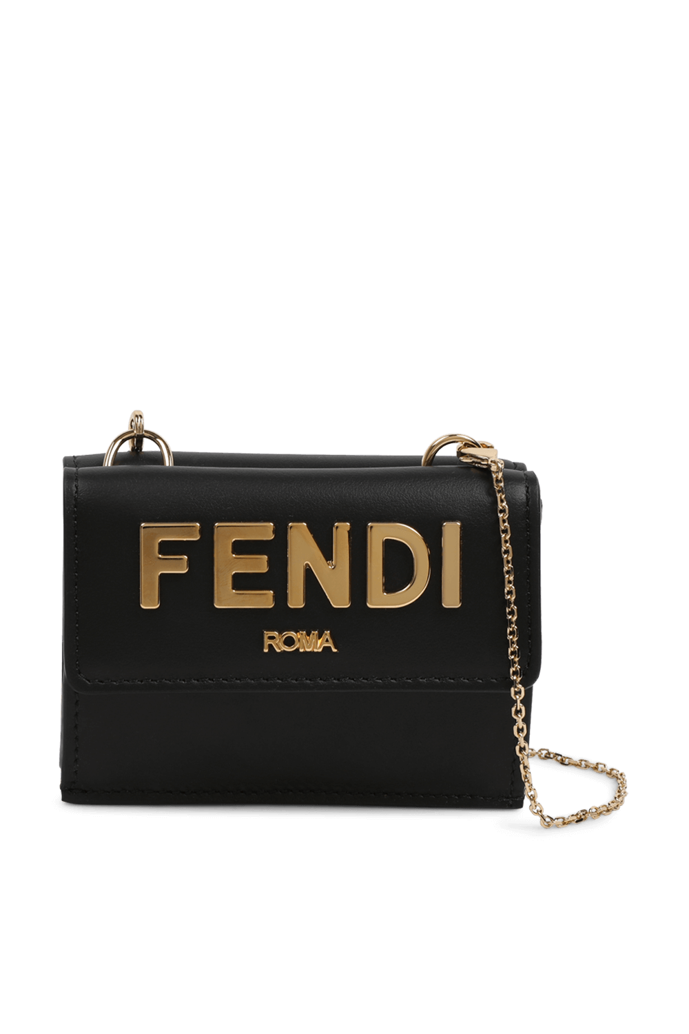 תמונה קידמית של תיק ארנק מעור עם לוגו מוזהב