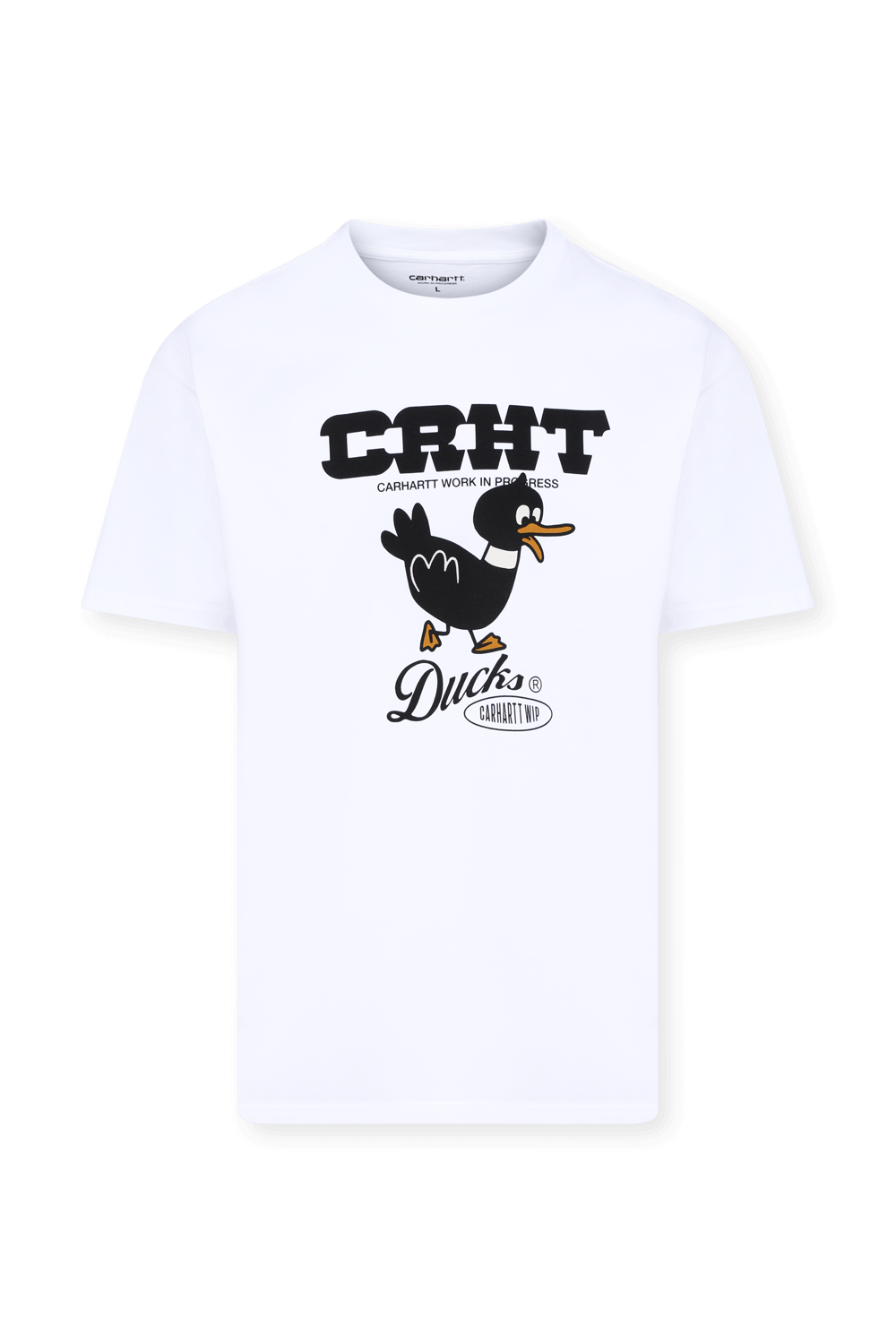 תמונה קידמית של חולצת טי לבנה עם פרינט ברווז ממותג