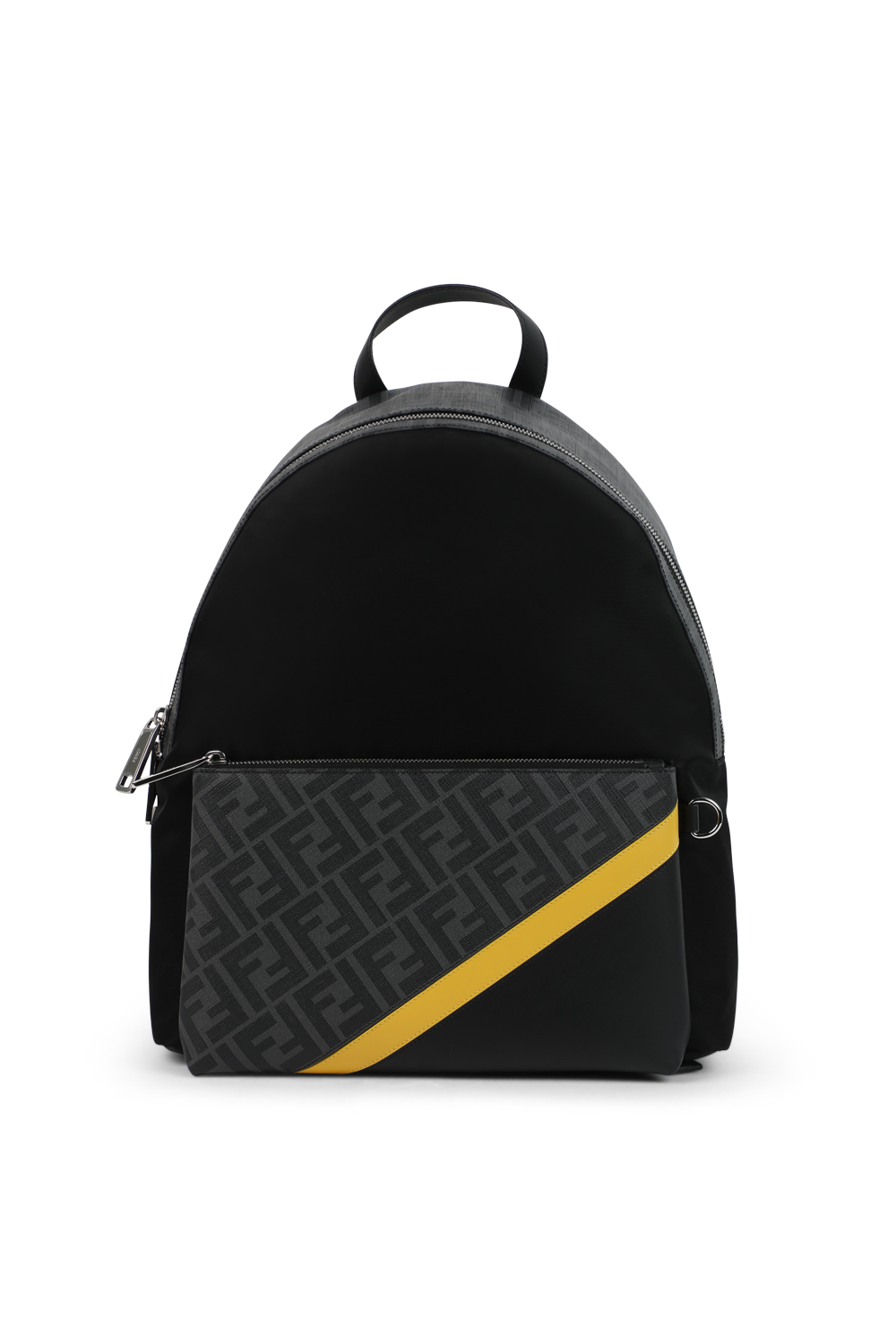 תמונה קידמית של תיק גב מונוגרמי שחור עם פס כתום