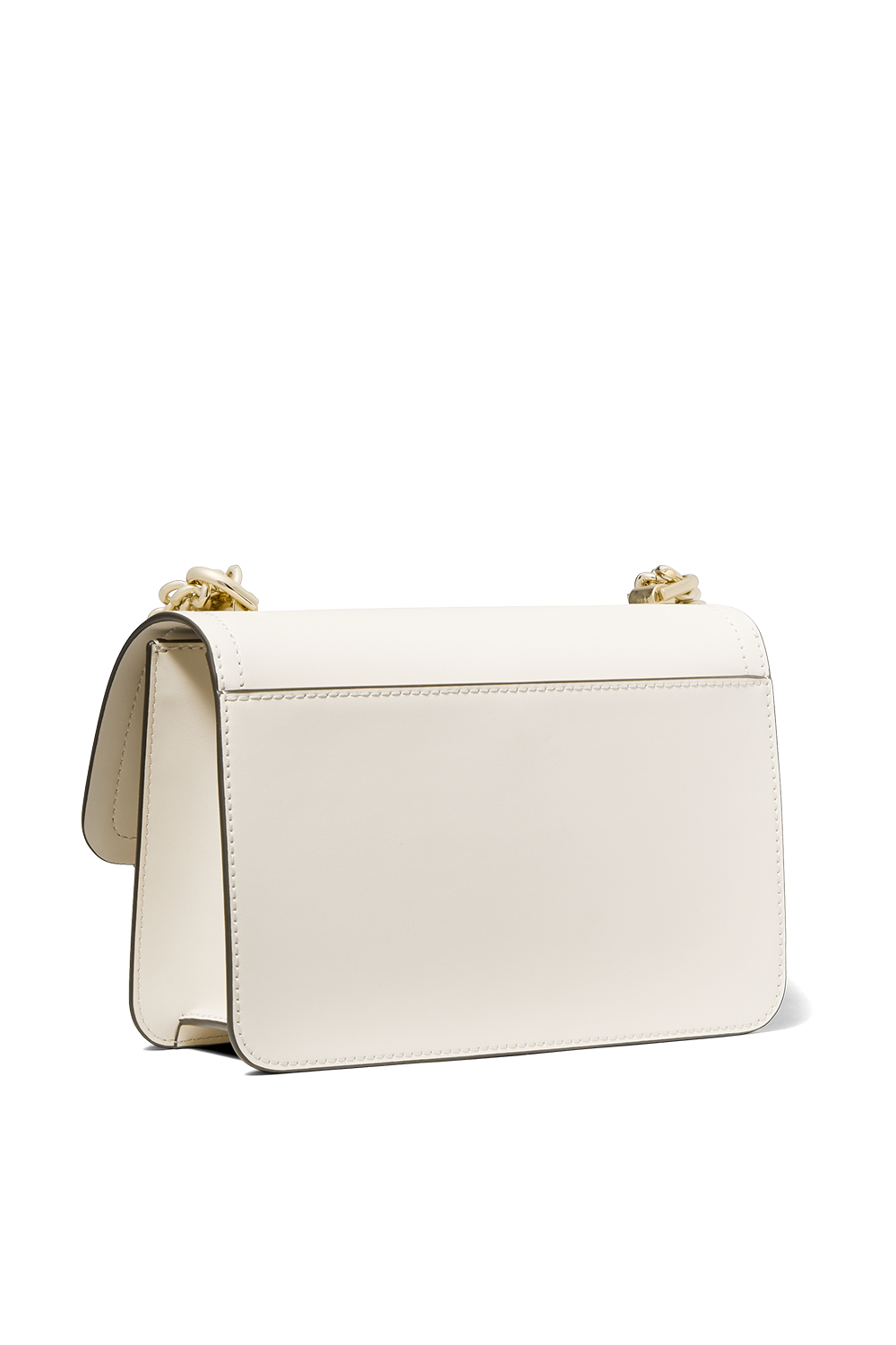 תמונה אחורית של תיק צד מיני מעור לבן עם אבזם לוגו זהב