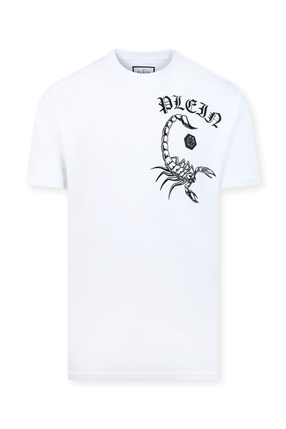 תמונה קידמית של חולצת טי עם הדפס עקרב ופאץ' לוגו