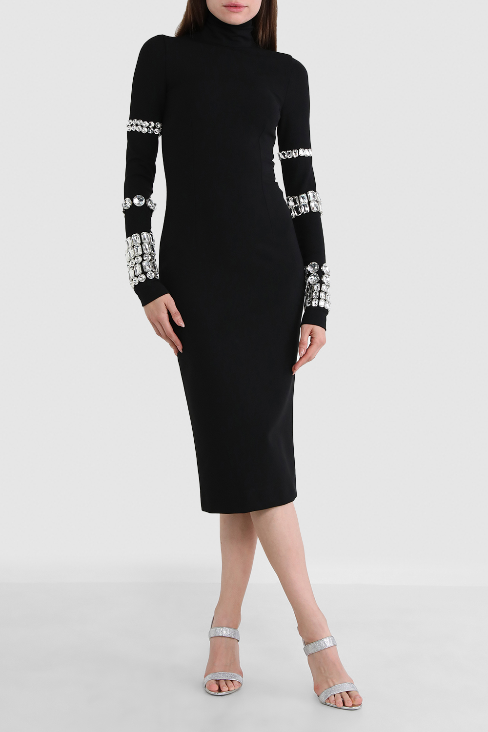 תמונת דוגמן קידמית של דולצ'ה וגבאנה X קים שמלת סלים מידי שחורה עם אבני חן
