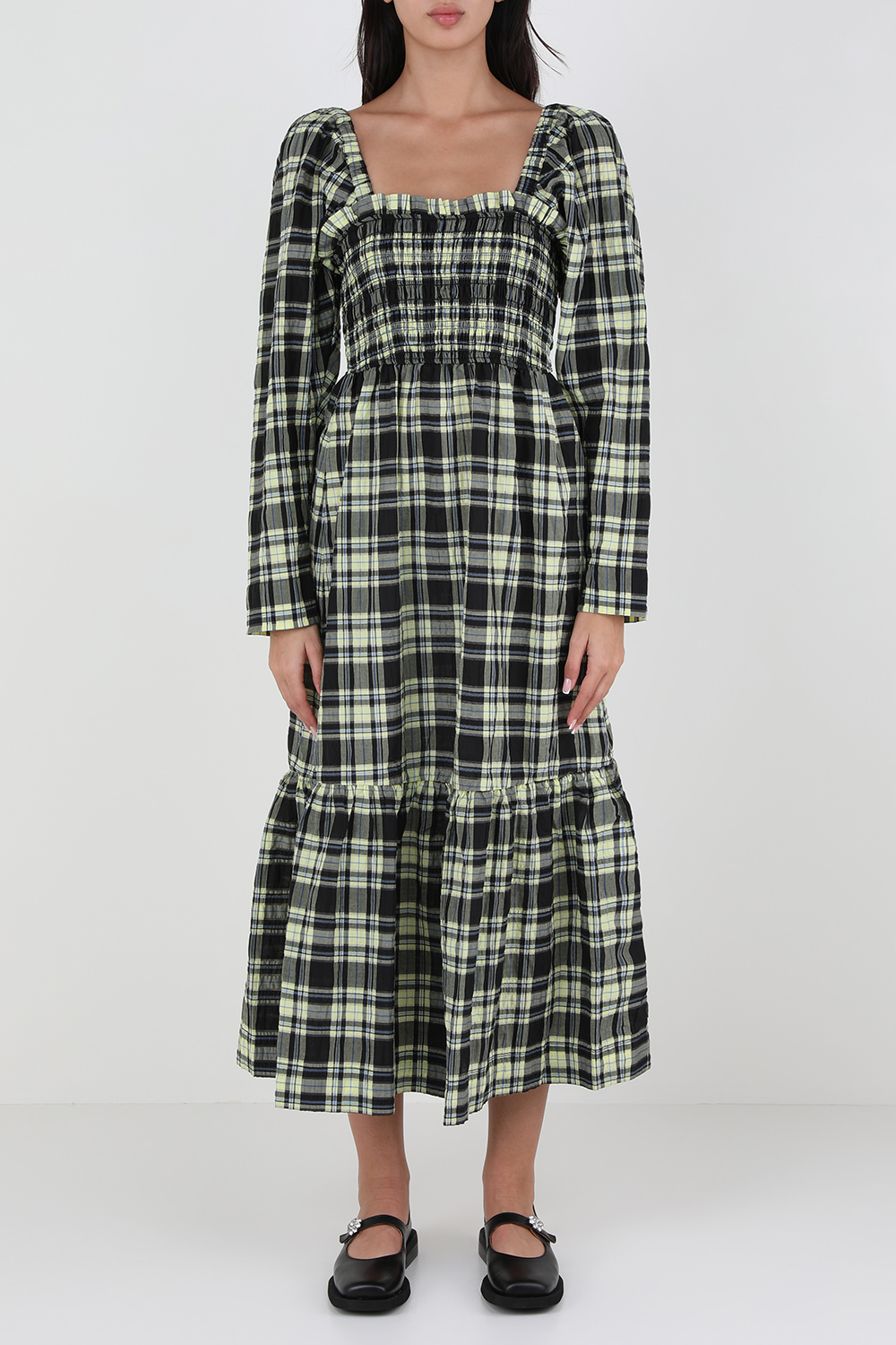 תמונת דוגמן קידמית של שמלת מקסי משובצת עם שרוולים ארוכים