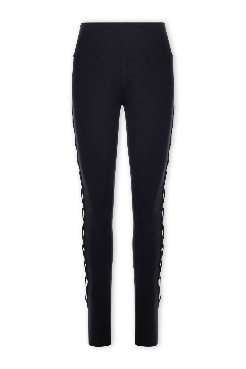 תמונה קידמית של מכנסי טייץ שחורים עם רצועות אלסטיות לאורך הצדדים