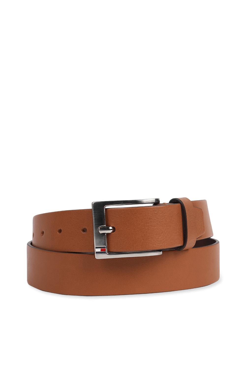 תמונה קידמית של חגורת עור עם אבזם מטאלי בגוון חום