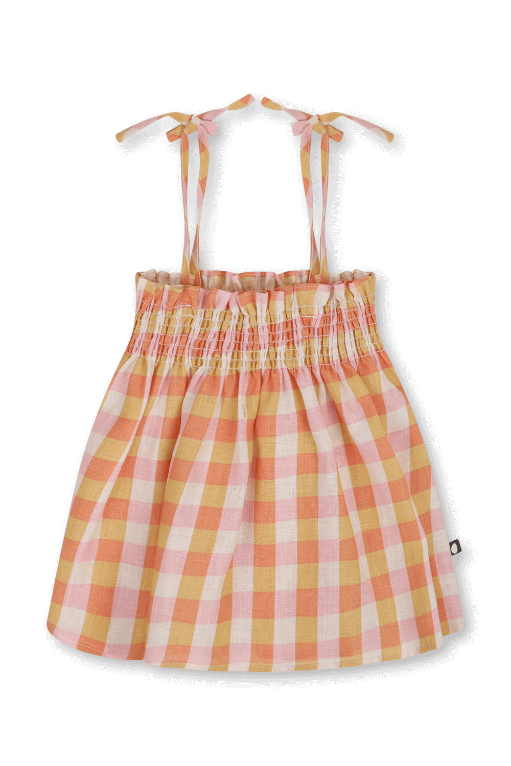 תמונה קידמית של גילאי 6-18 חודשים שמלה משובצת כתומה עם כיווצים