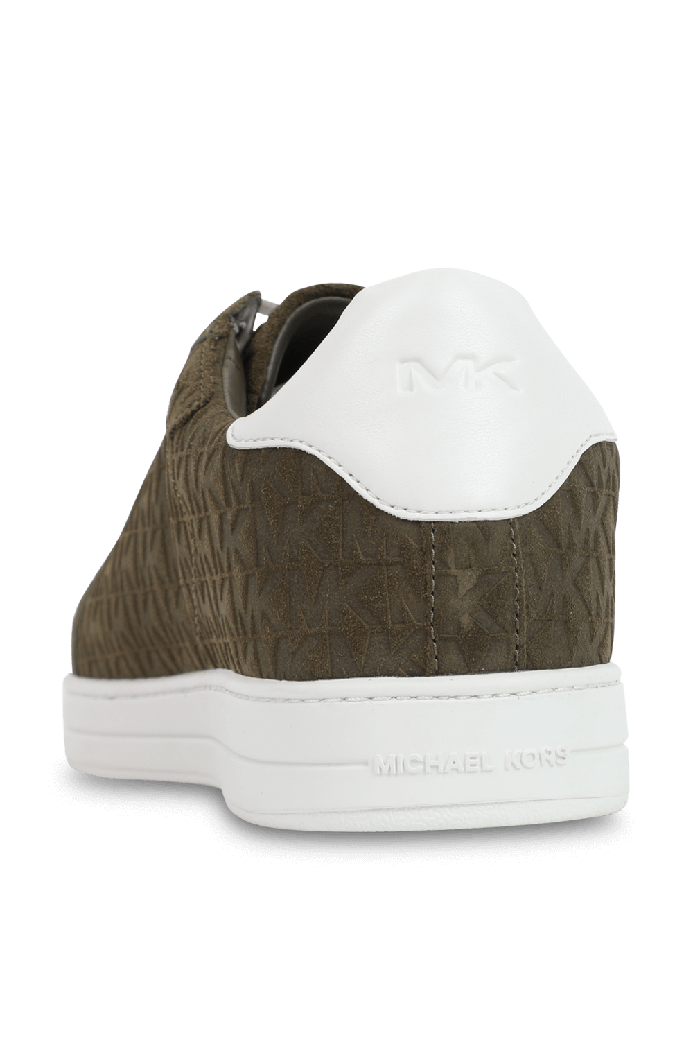 תמונה אחורית של נעלי סניקרס מעור מונוגרמיים בגוון ירוק זית